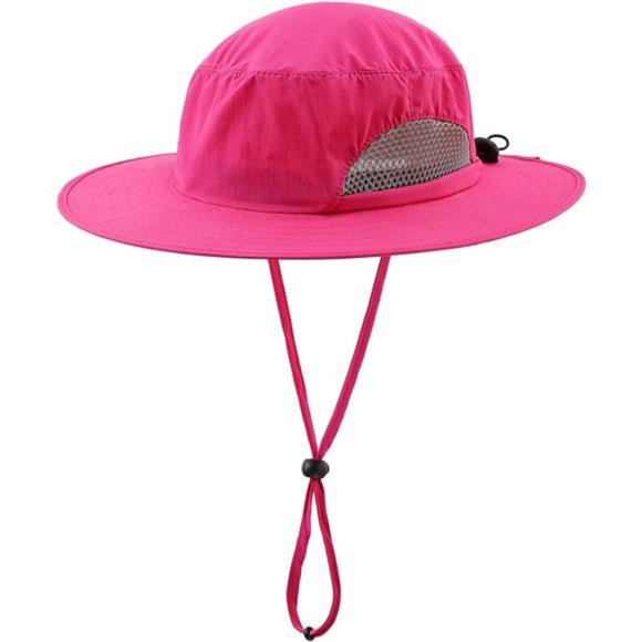 Kids Sun Protection Hat Quick Dry Adjustable Wide Brim Mesh Rose Red - Picture 1 of 7